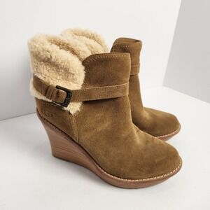 UGG Women's Anais Suede Wedge Platform Boots Tan Size 8